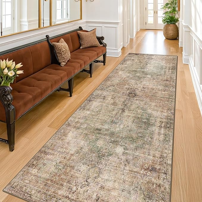 Washable 2x10 Long Non Slip Runner Rugs for Hallway, Farmhouse Green Brown Kitchen Rugs with Rubber Backing, Vintage Indoor Floor Mats for Entryway, Neutral Dark Medallion Abstract Décor