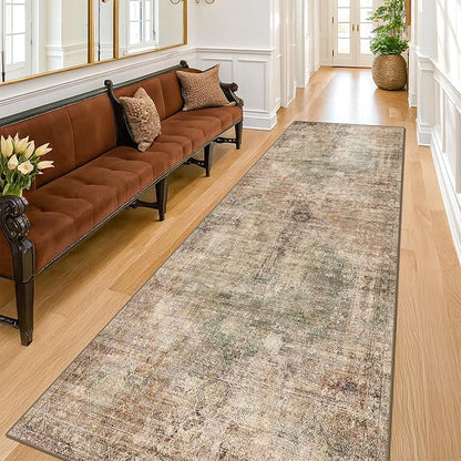 Washable 2x10 Long Non Slip Runner Rugs for Hallway, Farmhouse Green Brown Kitchen Rugs with Rubber Backing, Vintage Indoor Floor Mats for Entryway, Neutral Dark Medallion Abstract Décor