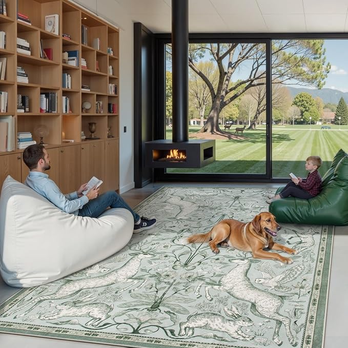 Lahome 8x10 Washable Deer Rug, Dorval Boho Woodland Cottage Area Rug, Non Slip Low Pile Large Light Green Carpet for Living Room Bedroom Dining Room Kitchen Nursery Decor