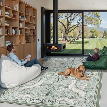 Lahome 8x10 Washable Deer Rug, Dorval Boho Woodland Cottage Area Rug, Non Slip Low Pile Large Light Green Carpet for Living Room Bedroom Dining Room Kitchen Nursery Decor