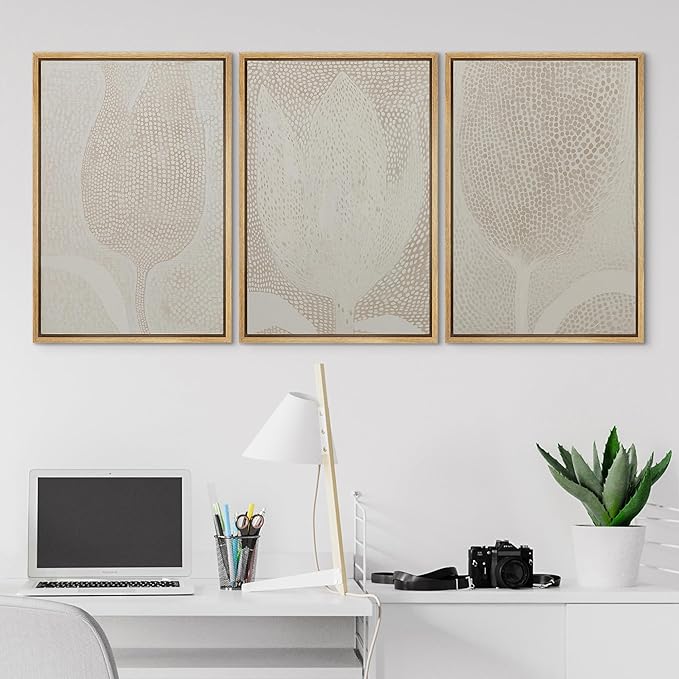 SIGNLEADER Framed Canvas Print Wall Art Set Neutral Beige Tulip Subtle Dot Pattern Illustrations Minimal Decorative Bohemian Nordic for Living Room, Bedroom, Office - 16"x24"x3 NATURAL