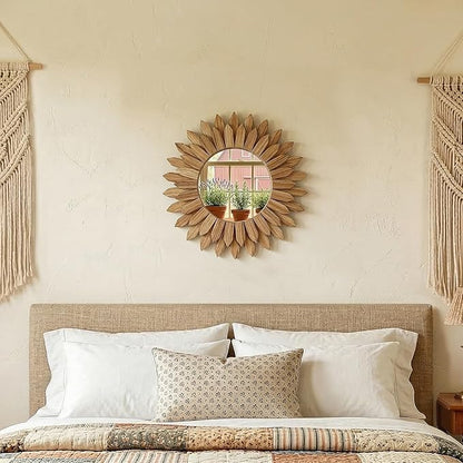 24 Inch Brown Boho Wall Decor Sunburst Mirror - Round Wooden Wall Decor, Handmade Rustic Circular Mirror for Living Room, Bedroom, Entryway, Office
