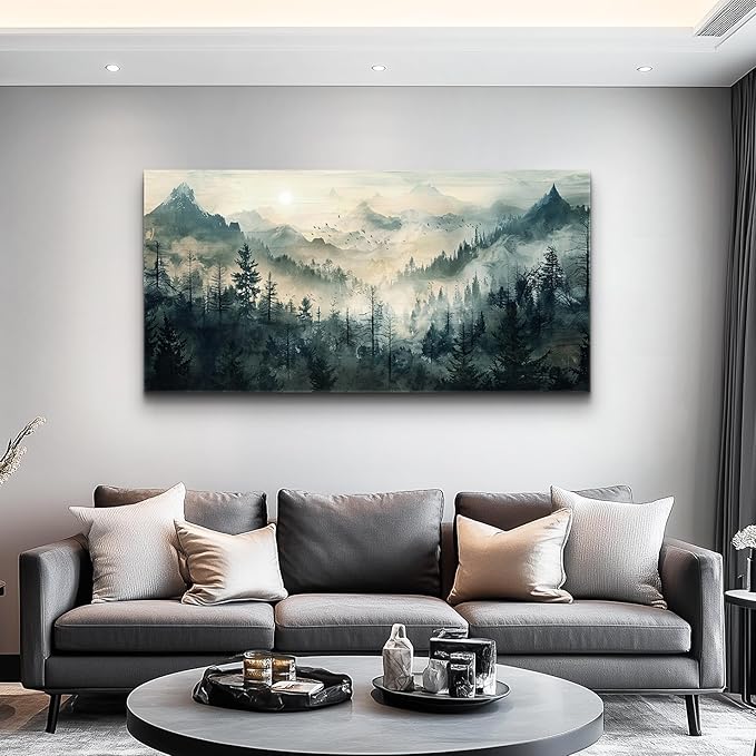 KELIYUAN Mountain View Canvas Wall Painting For Living Room Natural Landscape Painting Misty Forest Wall Decoration For Bedroom Home Decoration Modern Printed Artwork Can Be Hung Directly 20x40 In