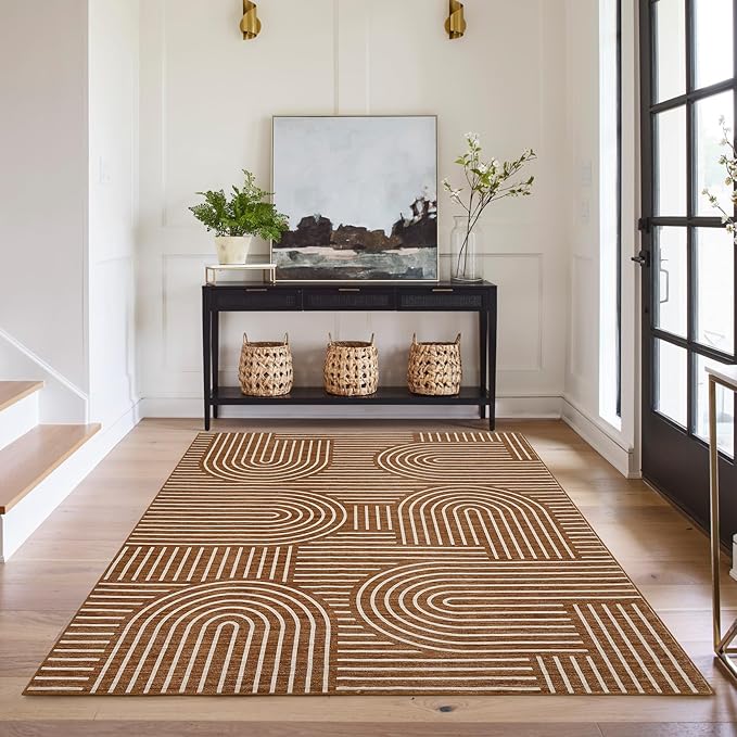 ROYHOME Washable Rug 5x7 Area Rugs for Living Room, Abstract Rug for Bedroom, Soft Rainbow Non Slip Throw Rugs with Rubber Back, Low Pile Stain Resistant Boho Geometric Carpet for Dining Room, Copper