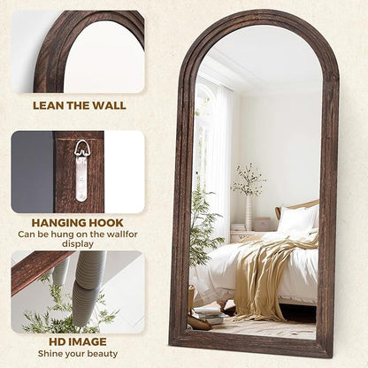 Arched Full Length Mirror 71"x32" - Rustic Brown Solid Wood Wall Mirror, Oversized Leaning or Mounted Design for Bedroom, Entryway, Living Room Décor