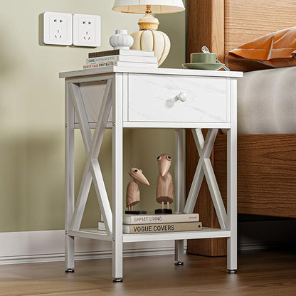 VECELO Nightstand,Modern Bedside End Table, Night Stand with Drawer and Storage Shelf for Living Room Bedroom, Industrial Metal Frame