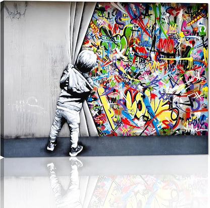 Banksy Street Art Child Colorful Graffiti Posters Printing Pop Artwork Behind The Curtain Graffiti Canvas Paintings Art Wall Decor for Living Room Modern Home Decor Framed(16''W x 12''H)