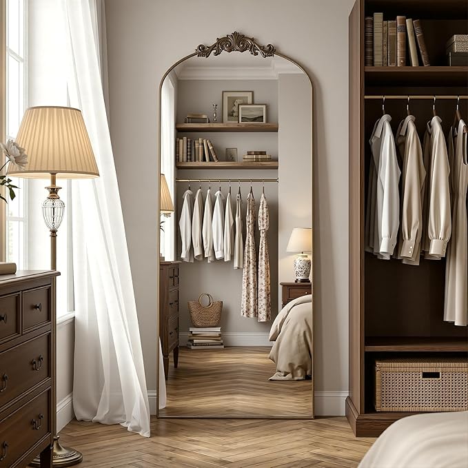 Antok Arched Full Length Mirror, 65"x24" Floor Mirror with Carved, Full Body Mirrors for HomeDecor, Standing/Halling Large Wall Mirror for Bedroom, Living Room, Cloakroom, Bronze, Vintage Style