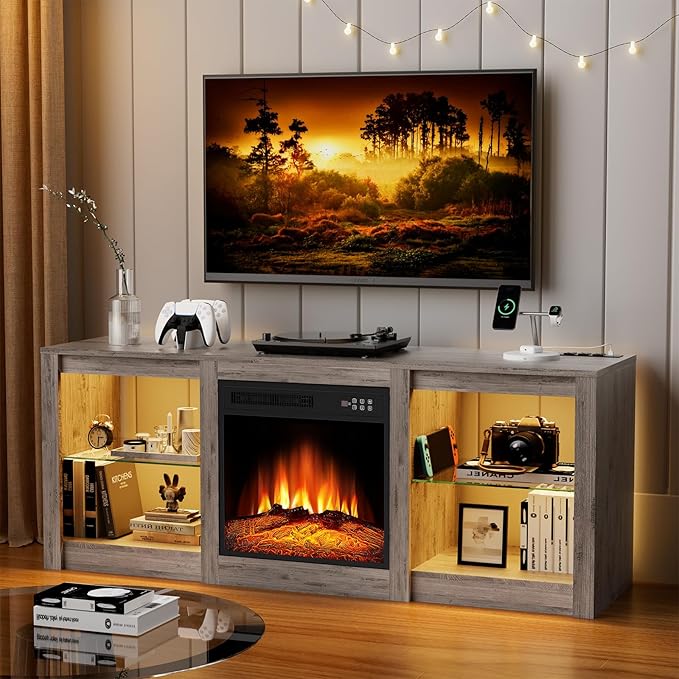 Kucreiheat 58 inch TV Stand with Fireplace-Entertainment Center with LED & Outlet for 65 inch TV-Grey Media Console with Adjustable Glass Shelves, Modern TV Table for Living Room/Bedroom