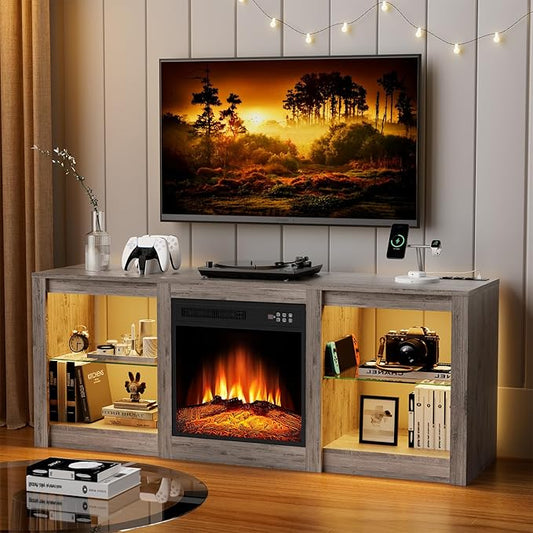 Kucreiheat 58 inch TV Stand with Fireplace-Entertainment Center with LED & Outlet for 65 inch TV-Grey Media Console with Adjustable Glass Shelves, Modern TV Table for Living Room/Bedroom
