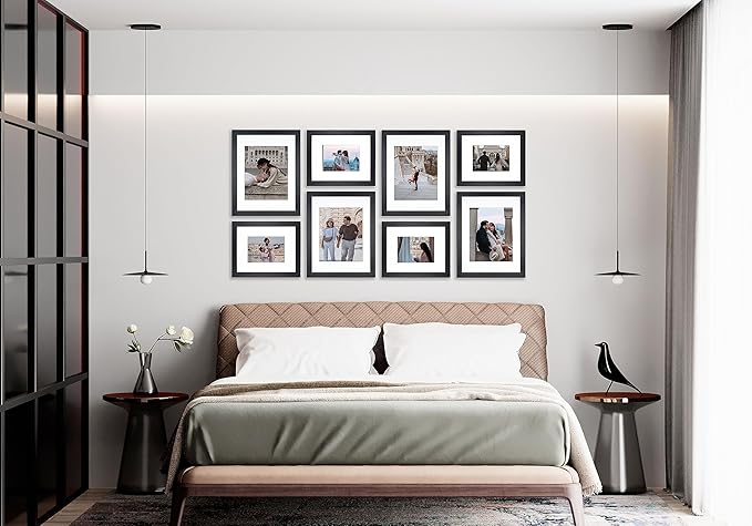 8 Piece Large Rectangle Gallery Wall Frame Set - Photo Frame Set with Mat for 8x10 and 11x14 -Picture Frame Set for Wall Collage Made of Engineered Wood –Assorted Black Frames for Gallery Wall (Black)