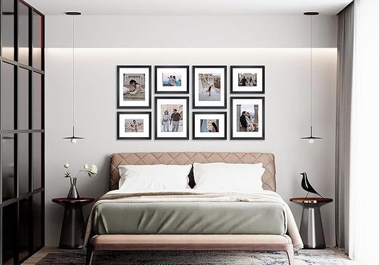8 Piece Large Rectangle Gallery Wall Frame Set - Photo Frame Set with Mat for 8x10 and 11x14 -Picture Frame Set for Wall Collage Made of Engineered Wood –Assorted Black Frames for Gallery Wall (Black)