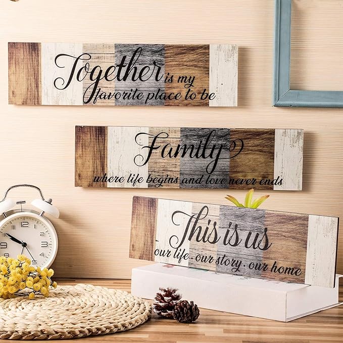 Jetec 3 Pieces Family Wooden Sign This Is Us Sign Rustic Wooden Family Home Decor Together Hanging Wall Decorations for Living Room Kitchen Bedroom Laundry Bathroom Warming(Brown, Beige, Gray)