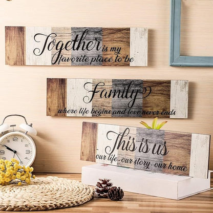 Jetec 3 Pieces Family Wooden Sign This Is Us Sign Rustic Wooden Family Home Decor Together Hanging Wall Decorations for Living Room Kitchen Bedroom Laundry Bathroom Warming(Brown, Beige, Gray)