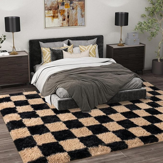 Shag Rugs for Living Room 5x7, Ultra Soft Checkered Black Beige Big Fuzzy Rugs for Bedroom, 5 x 7 Fluffy Shaggy Plush Carpet Kids Room Dorm Upgrade Non-Slip