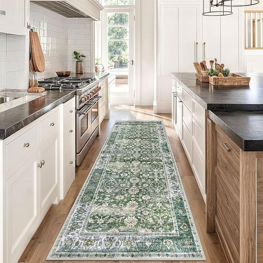 KUTA Vintage Wide Runners for Hallways 3x8 ft Green Washable Kitchen Runner Non Slip Rubber Backed Hall Runners Entryway Runner Rugs Floor Carpet for Indoor Backdoor Bedroom Kitchen
