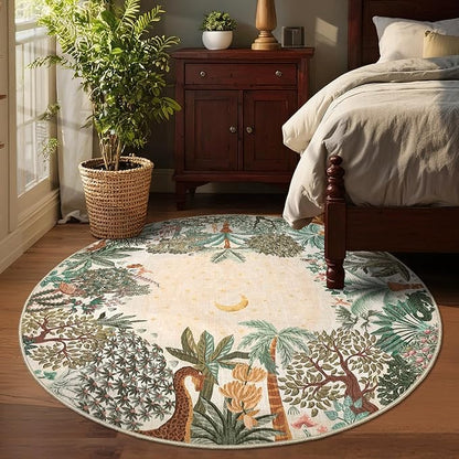GarveeHome Round Area Rugs 5ft for Bedroom, Beige Jungle Washable Circle Rug Soft Non Slip Forest Animal Print Floor Mat Tiger Carpet Indoor Thin Rug for Kids Room Dining Room Playroom Nursery