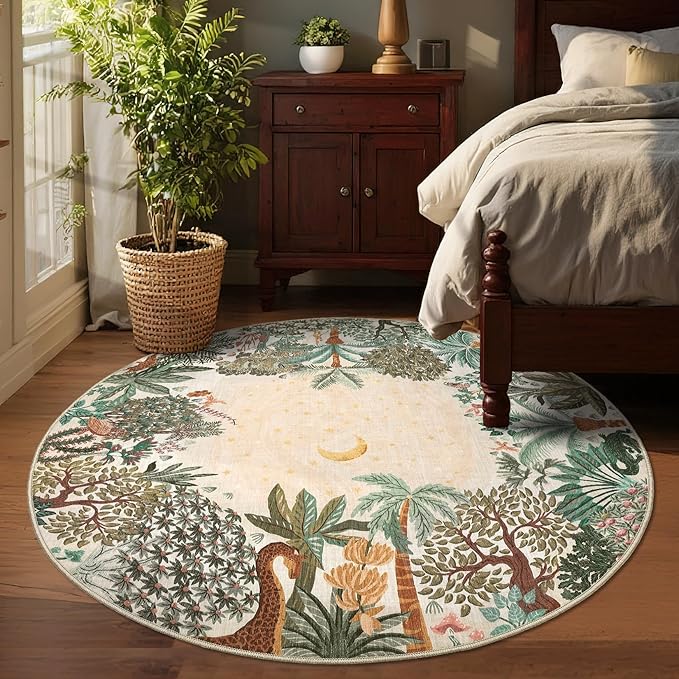 GarveeHome Round Area Rugs 4ft for Kids Room, Beige Jungle Washable Circle Rug Soft Non Slip Forest Animal Print Floor Mat Tiger Carpet Indoor Thin Tent Rug for Bedroom Dining Room Playroom Nursery
