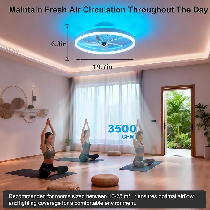 RGBCW 20" Flush Mount Low Profile Smart Ceiling Fan with Light, App & Remote Control, 6 Speeds Reversible, 3CCT Dimmable LED Bladeless Fandelier Quiet DC Motor for Bedroom Living Room