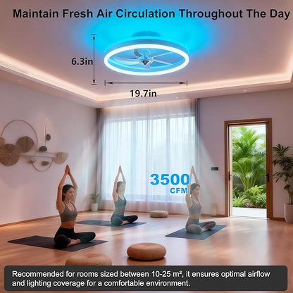 RGBCW 20" Flush Mount Low Profile Smart Ceiling Fan with Light, App & Remote Control, 6 Speeds Reversible, 3CCT Dimmable LED Bladeless Fandelier Quiet DC Motor for Bedroom Living Room