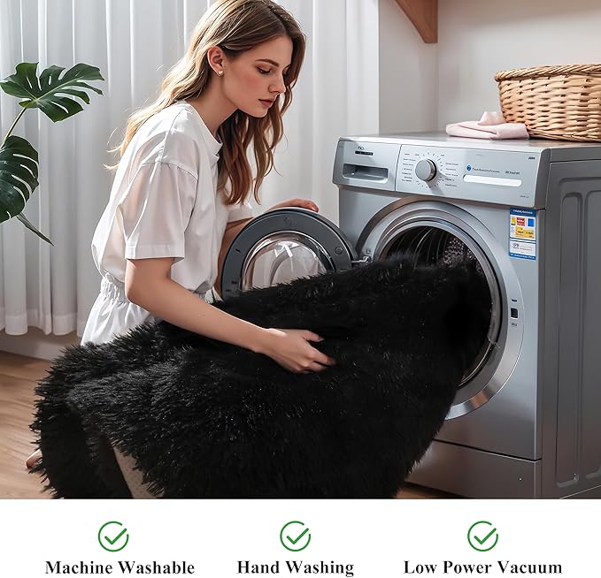 KICHOWUA Thick Area Rug Black Fluffy Shag 5x7 for Bedroom, Ultra Soft Plush Fuzzy Washable Thickened Non-Slip Floor Carpet, Modern Cozy Furry Rug for Living Room Kids Baby Boys Girls Nursery Dorm