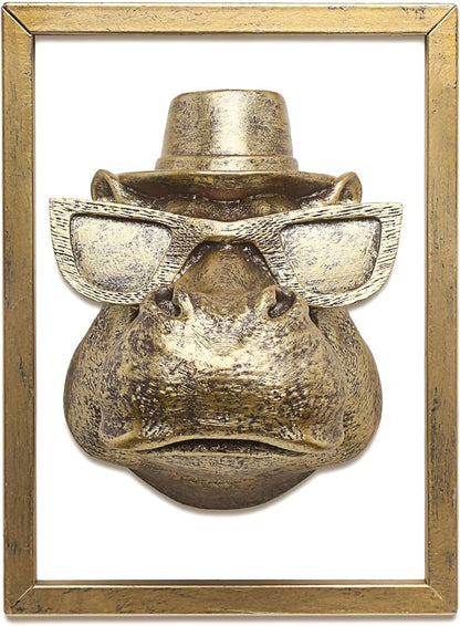 JJALIGHTS Exquisite Resin Animal Head Wall Sculpture (Gift Metal Frame) - Imitation Copper Vintage Decor for Living Room, Bedroom & Office | Decorative Wall Hanging Art(Hippo)
