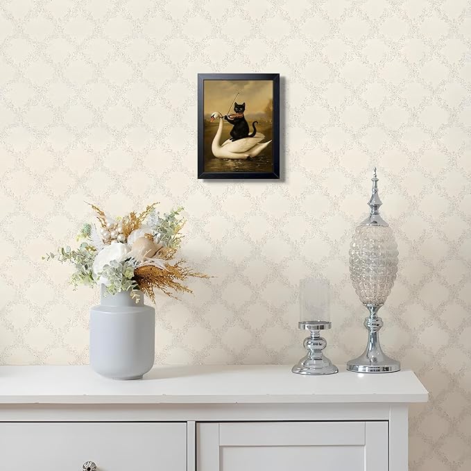 Funny Cat Wall Art Painting, Vintage Black Cat Playing Violin on Swan Wall Decor, Whimsical Animal Canvas Poster Print Picture for Bathroom Bedroom Apartment Decor 8x10 Inch Framed
