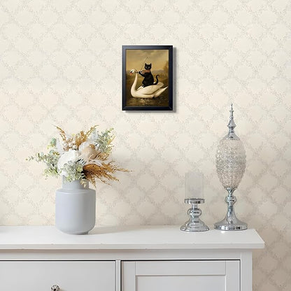 Funny Cat Wall Art Painting, Vintage Black Cat Playing Violin on Swan Wall Decor, Whimsical Animal Canvas Poster Print Picture for Bathroom Bedroom Apartment Decor 8x10 Inch Framed