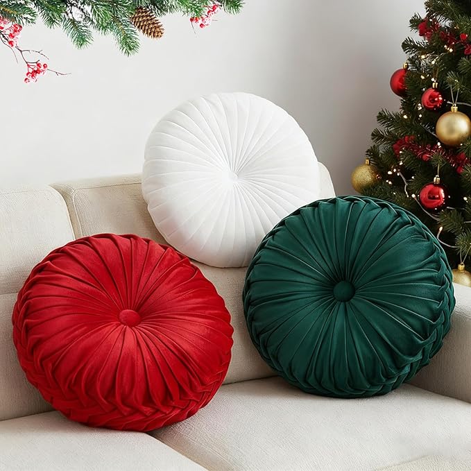 Beeveer 3 Pcs Round Throw Velvet Pillows Classy Accent Pumpkin Throw Pillows 15 Inch Decorative Cushion for Couch Chair Bed Car, 2 Styles(Red, Green, White)