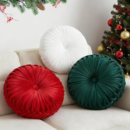 Beeveer 3 Pcs Round Throw Velvet Pillows Classy Accent Pumpkin Throw Pillows 15 Inch Decorative Cushion for Couch Chair Bed Car, 2 Styles(Red, Green, White)