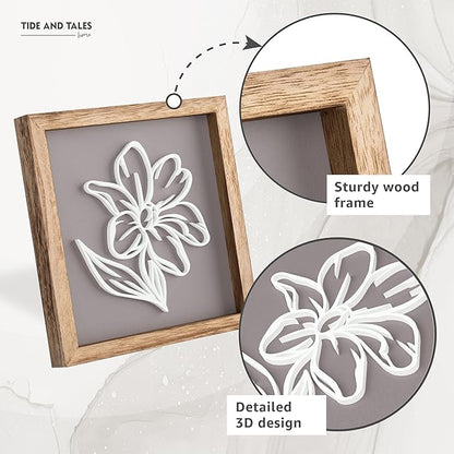Tide and Tales 3D Botanical Floral Wall Art (Framed Set of 2) Ready-to-Hang Lightweight Boho Decor for Walls, Nature-Inspired Home Decorations with Natural Earthy Tones for Bedroom or Bathroom