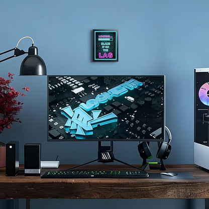 Framed Gamer Wall Art, Boys Game Room Wall Decor Painting, Funny “Blame It On The Lag” Blue Neon Sign Canvas Print Poster, LED Style Loading Screen Game Room Bedroom Decor 8x10 Inch