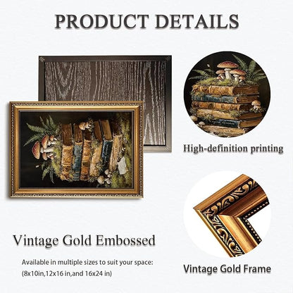 WZGZXU Vintage Gold Framed Wall Art Botanical Wall Decor Dark Academia Canvas Art Cottagecore Stack Books Pictures Gothic Prints Moody Paintings For Bedroom Study Room Library 8x10in