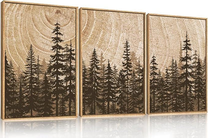 Forest Pine Tree Framed Canvas Wall Art Set,Rustic Woodland Landscape Wall Decor,Large Vintage Natural Painting,Retro Brown Artwork for Living Room,Bedroom, Kitchen,Study,Office-16 x24 x3