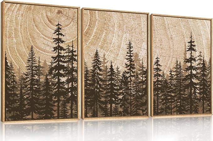 Forest Pine Tree Framed Canvas Wall Art Set,Rustic Woodland Landscape Wall Decor,Large Vintage Natural Painting,Retro Brown Artwork for Living Room,Bedroom, Kitchen,Study,Office-24 x36 x3