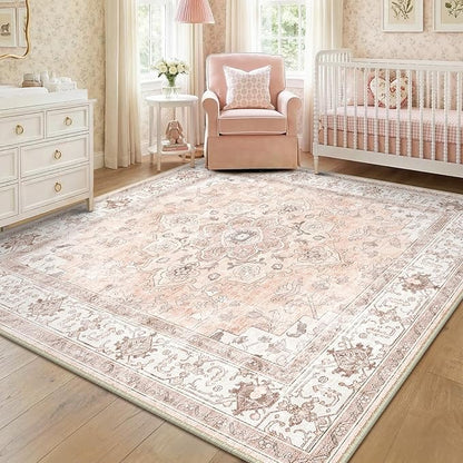 CAPALOCA Machine Washable Rugs Nursery Rug Sq8ft Cute Girl Non Slip Low Pile Water Repellent Soft Print Pattern for Bedroom Indoor Decor Kids Playroom Pink