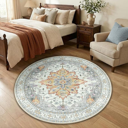 RELEANY Area Rugs Round 4ft Washable Non-Slip, Floral Vintage Distress Print Pattern Medallion Carpet for Living Room Bedroom Dining Room, Light Yellow Carbon Grey Orange