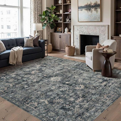 Rugxara 6x9 Area Rugs for Living Room Bedroom, Large Washable Rug, Blue Vintage Floral Boho Style, Non Slip & Low Pile Carpet for Indoor Dining Room, Dorm and Kids Room(Blue 6x9ft)