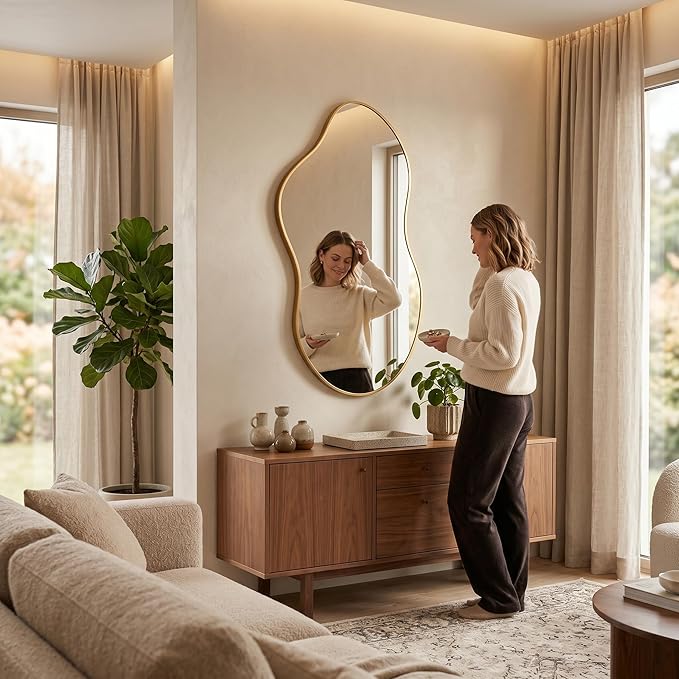 Irregular Asymmetrical Wall Mirror 26x48 Inches - Decorative Tempered Glass with Modern Aluminum Alloy Frame, Gold Abstract Cloud Mirror for Bathroom, Bedroom, Living Room, Entryway, Cloakroom