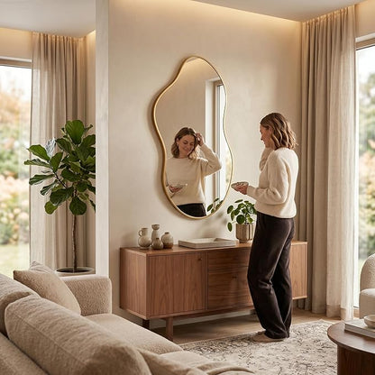 Irregular Asymmetrical Wall Mirror 26x48 Inches - Decorative Tempered Glass with Modern Aluminum Alloy Frame, Gold Abstract Cloud Mirror for Bathroom, Bedroom, Living Room, Entryway, Cloakroom