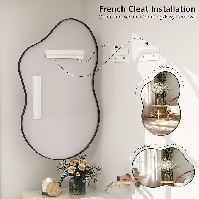 40x24 Black Irregular Wall Mirror, Black Matte Asymmetrical Bathroom Mirror, Decorative Framed Mirror for Bathroom Bedroom Entryway, Shatterproof, Anti-Rust (Horizontally/Vertically)