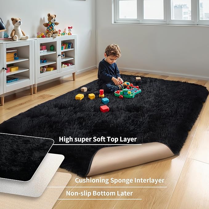 KICHOWUA Thick Area Rug Black Fluffy Shag 5x7 for Bedroom, Ultra Soft Plush Fuzzy Washable Thickened Non-Slip Floor Carpet, Modern Cozy Furry Rug for Living Room Kids Baby Boys Girls Nursery Dorm