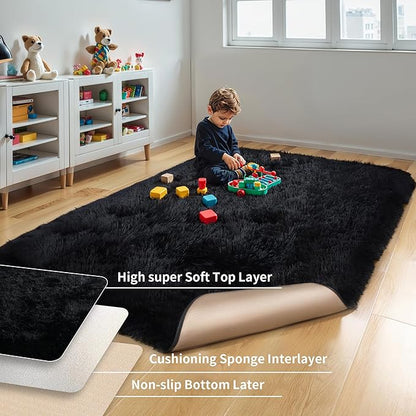 KICHOWUA Thick Area Rug Black Fluffy Shag 5x7 for Bedroom, Ultra Soft Plush Fuzzy Washable Thickened Non-Slip Floor Carpet, Modern Cozy Furry Rug for Living Room Kids Baby Boys Girls Nursery Dorm