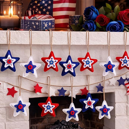 Soulchen 12 Pcs Red White Blue Ornaments Patriotic Felt Star Hanging Ornaments 4th of July Stuffed Star Hanging Decor for 250th Anniversary Memorial Independence Day Farmhouse Party