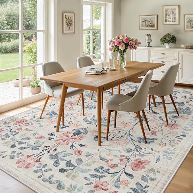 8x10 Area Rugs Washable Rug: Lagre Boho Living Room Rug Soft Non-Slip Thin Carpet Indoor Floor Non-Shedding Neutral Floral Carpets for Bedroom Dining Room Farmhouse Nursery Multi