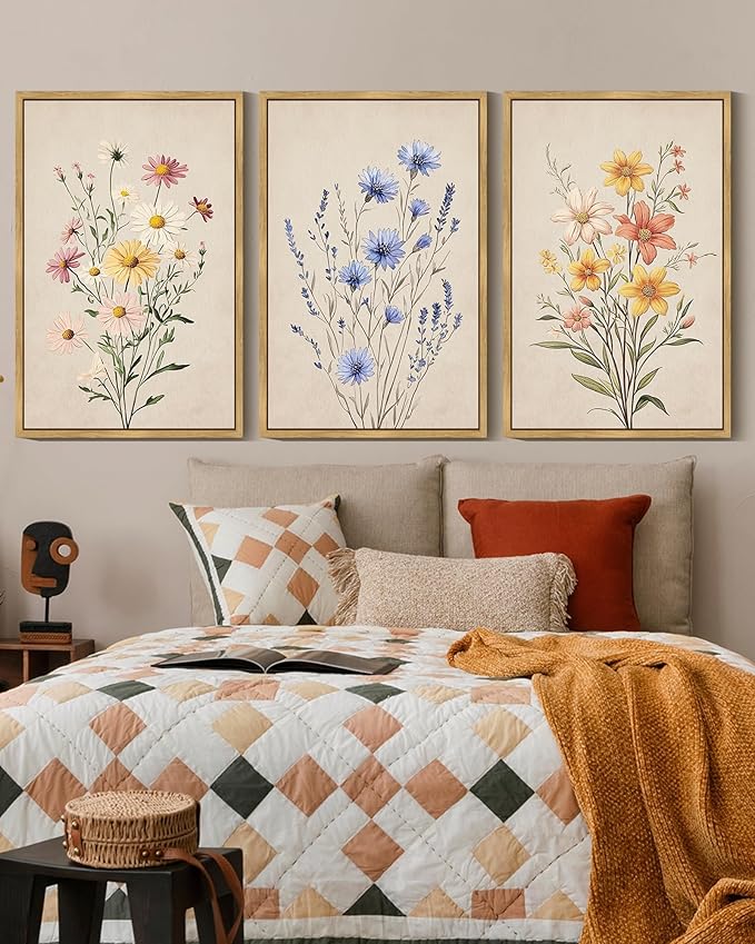 Drsoum Vintage Flower Bouquet Wall Art Framed Retro Bohemian Boho Colorful Floral Plant Rustic Artwork Nature Botanical Wildflower Prints Bedroom Living Room Ready to Hang 16x24in Natural Framed