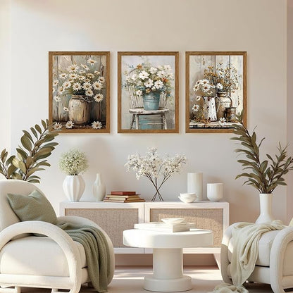 DUWQU 3 Piece Framed Elegant Farmhouse Canvas Wall Art, Vintage Floral Pictures Wall Decor, Nature Themed Daisy Art Prints for Living Room Bedroom Kitchen and Office Ready to Hang 16×24 Inches