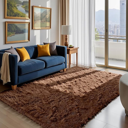 Fluffy Rug Shag Area Rug, Brown 4x6 Area Rugs for Bedroom, Small Bedside Rug, Soft Fluffy Shag Entryway Throw Rugs for Living Room Bedroom Kids Room Home Decor