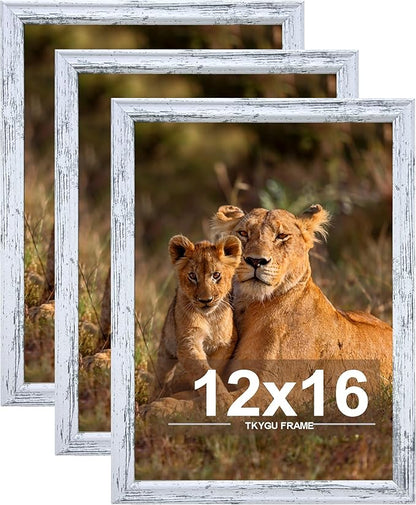 12x16 Picture frame set of 3, Woode frames Rustic White Wall Mounting Horizontally or Vertically, 12 by 16 Wall Gallery Poster Photo Frame with Shatter Resistant Plexiglass,best gift