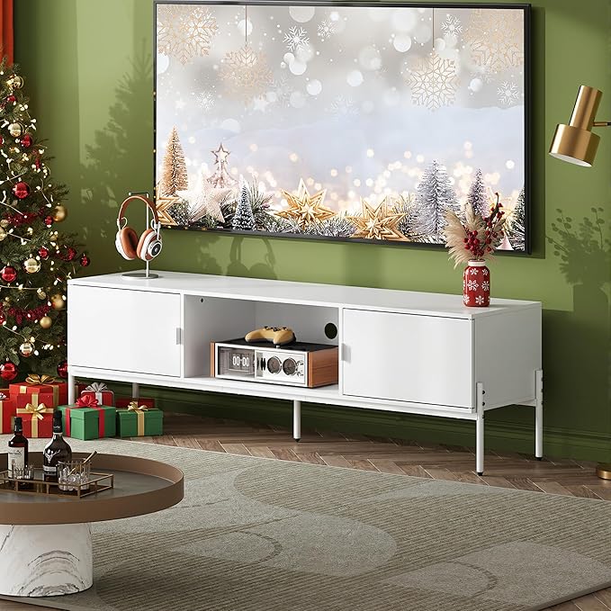 WLIVE TV Stand for 65 Inch TV, Mid Century Modern Entainment Center with 2 Storage Cabinets & Open Shelf, TV Console Table Media with Metal Legs for Living Room, Bedroom, White